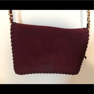 Burgundy Tory Burch suede crossbody